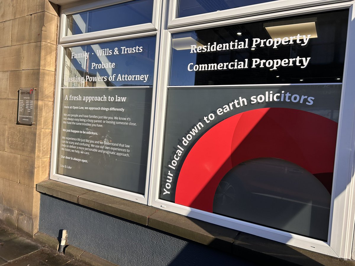 Loving the effect that the sunlight has on these window vinyls for <a href="/openlawltd/">Open Law</a> is Slaithwaite. The drop shadow cast through the double glazing onto the frosted vinyl is a really nice touch. #frosteddecal #frosteddecalforwindows #privacy #privacyglass