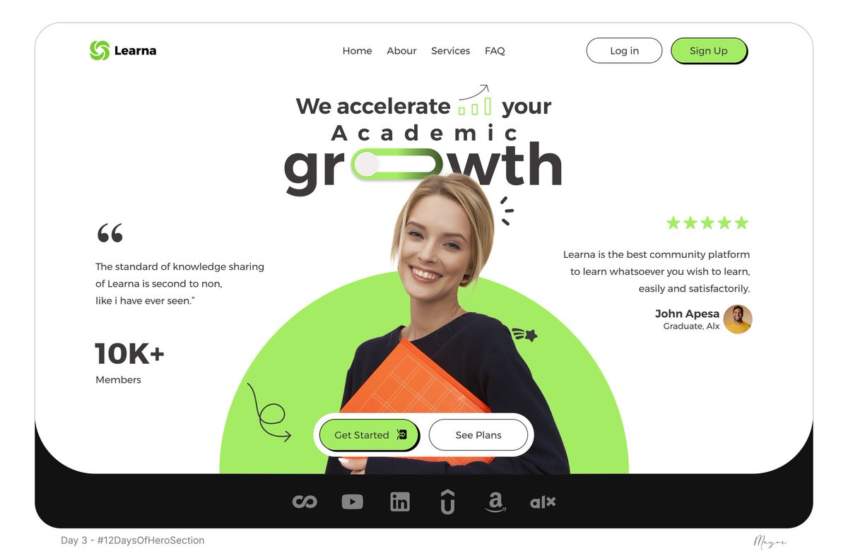 MayowaMarvie's tweet photo. Day 5 of #12DaysofHeroSection - Edtech website.

I designed Learna hero section, a platform that collaborates with top learning platforms online, to provide streamlined resources for users.

I tried making a simple, yet intuitive design.
What's your thought?
#uiuxdesign https://t.co/eWcXS2bJyT