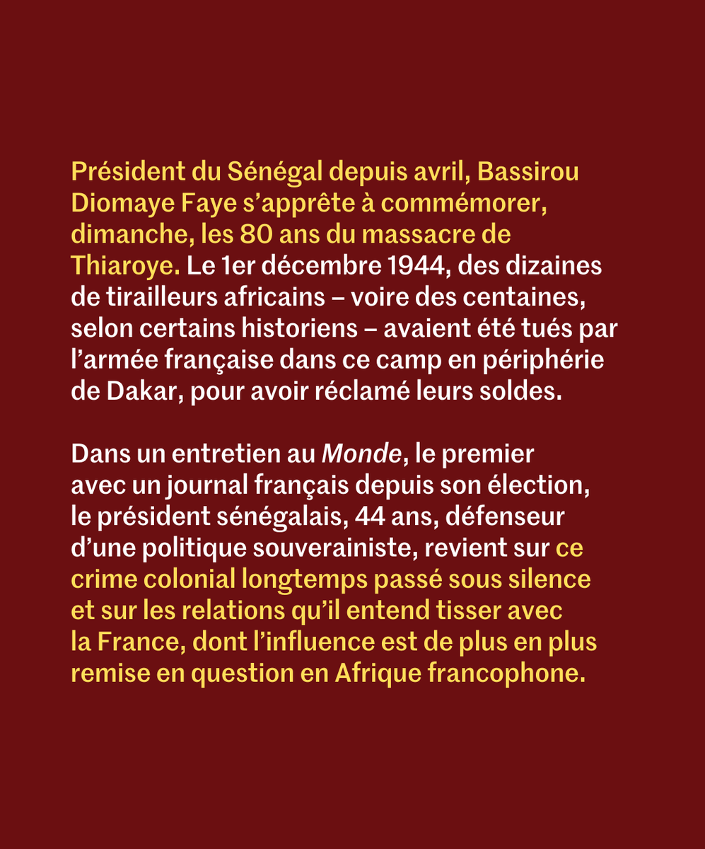 🔴 Le président français, Emmanuel Macron, a reconnu dans une lettre adressée au président sénégalais, Bassirou Diomaye Faye, qu’un « massacre » avait été commis par l’armée française au camp de Thiaroye, le 1er décembre 1944. lemde.fr/498yAQJ