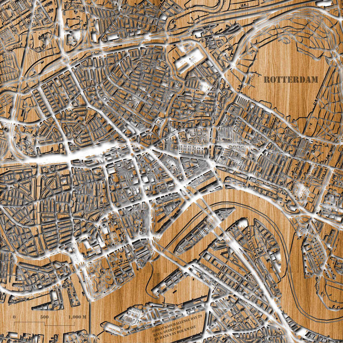 hansakwast's tweet photo. #30DayMapsChallenge Day 29, Data: #Overture🗺️

For today's theme, I've crafted a map of #Rotterdam, the Netherlands, that looks like it's carved out of wood.🪵
Made with #QGIS. https://t.co/hrtj6DSjv9