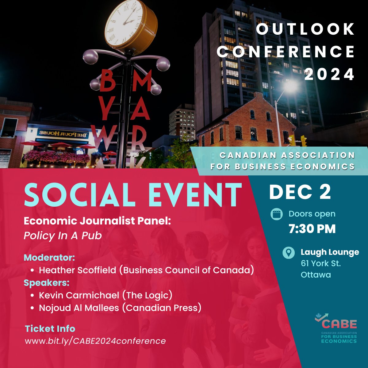 Already signed up for the Dec 3 conference? Your ticket grants you exclusive access to a special event on Dec 2! 🎉 Join us at Laugh Lounge (Byward Market) for an evening of insights, roasts,  laughs with top economics journalists and a surprise session with a fun twist.