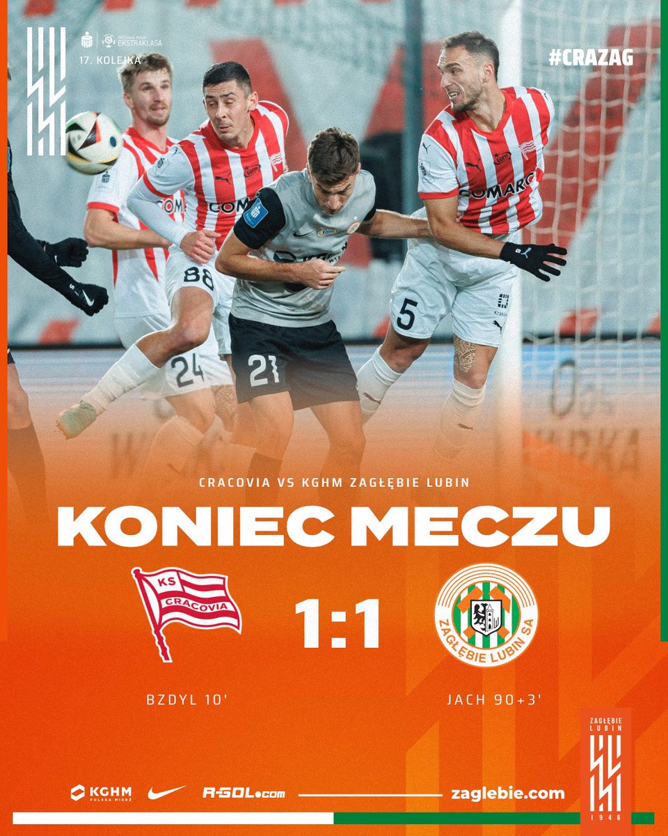 Koniec spotkania! Wracamy do Lubina z wywalczonym jednym punktem! ⚒️
_____
⏱️ Koniec #CRAZAG 1:1