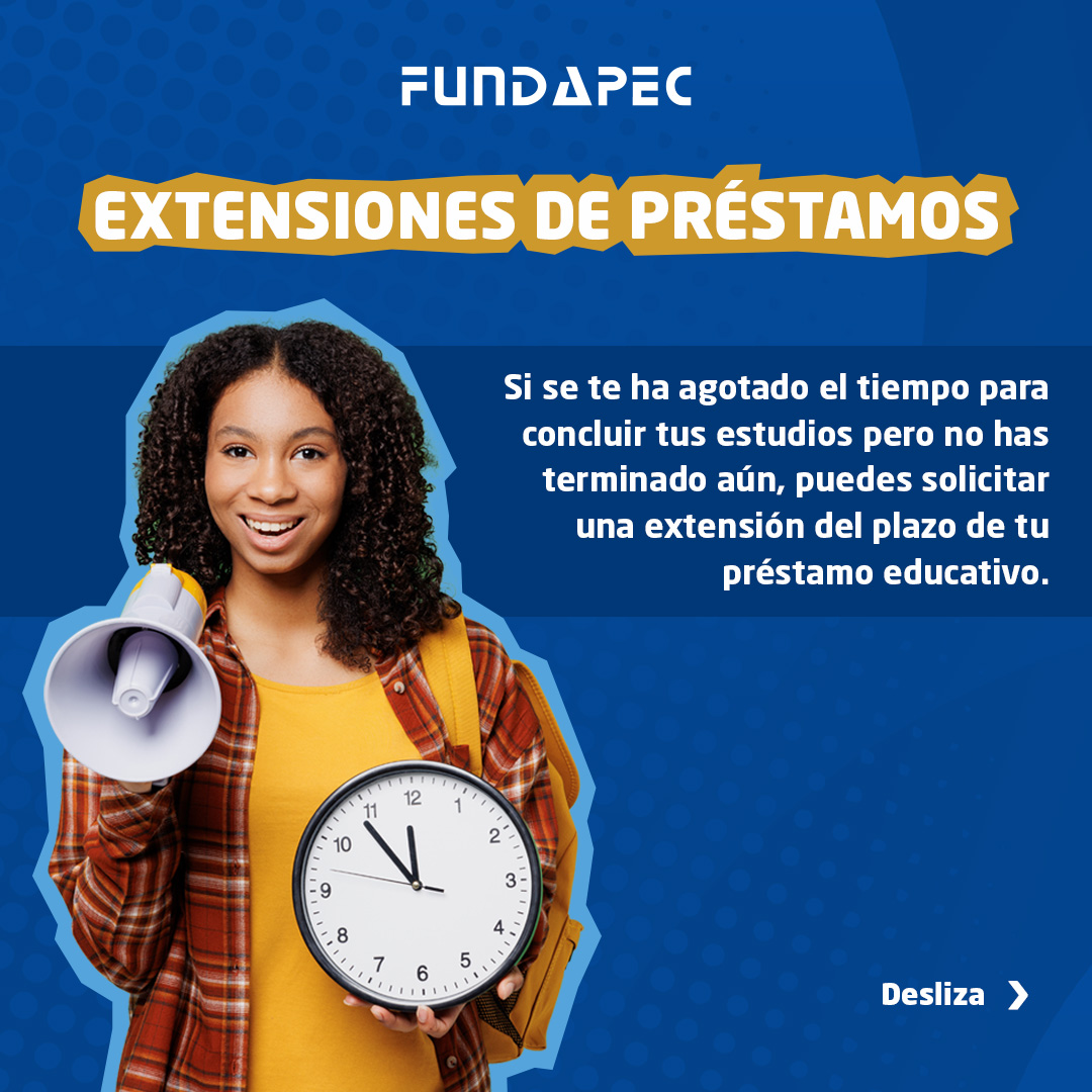 FundapecRD's tweet photo. ¿Necesitas más tiempo para concluir tu carrera? ¡No te preocupes! Te contamos todo lo que necesitas saber sobre las extensiones de préstamos, para que puedas seguir avanzando en tus estudios sin contratiempos. 📚✨

#Fundapecrd #Tuapoyoeducativo https://t.co/Mn71xisvT4