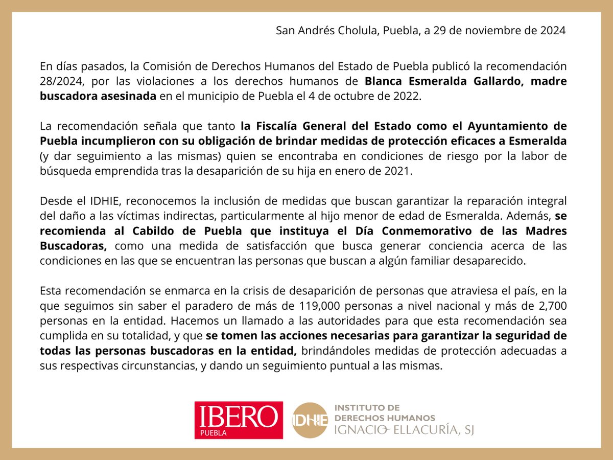 🚨Exigimos que la Fiscalía General del Estado como el Ayuntamiento de Puebla cumplan con su obligación de tomar las acciones necesarias para garantizar la seguridad de todas las personas buscadoras en la entidad.