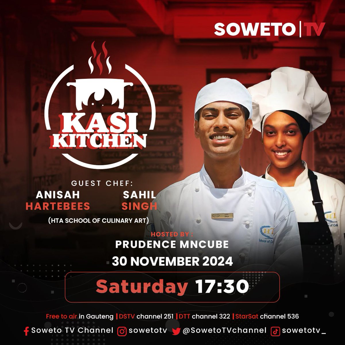 SowetoTVchannel's tweet photo. Saturday vibes! Don't miss #STVKasiKitchen with Prudence Mncube this Saturday, the 30th of November 2024 at 17h30!
Student chefs @prettyluh.nisa & Sahil Singh from HTA School of Culinary Art @HTAchefshool are cooking up a storm!
#KasiKitchen #SowetoTV #SaturdayCooking https://t.co/uQOsPjz8AD