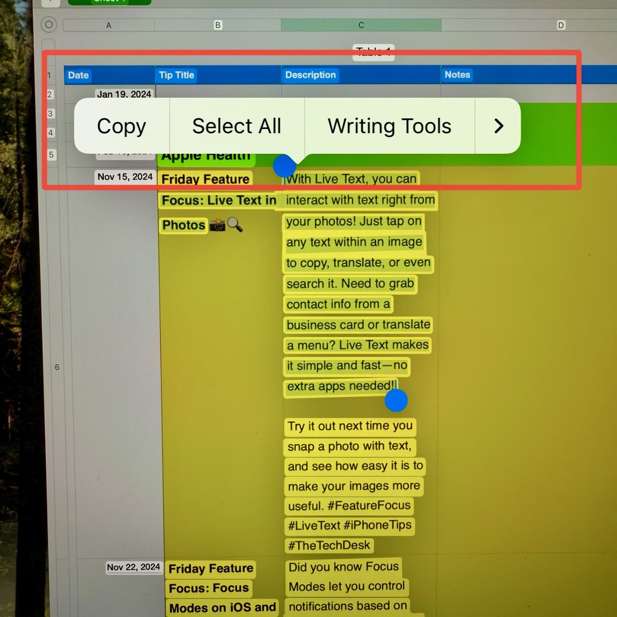 The_Tech_Desk_'s tweet image. Friday Feature Focus: Live Text 📸🔍

Interact with text in your photos! Tap the Live Text icon to copy, translate, or search text from images. Perfect for business cards, menus, and more—no extra apps needed!

Try it out and save time! #FeatureFocus #LiveText #iPhoneTips