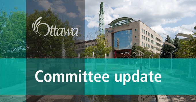 A graphic with Ottawa City Hall is in the background. A vertical grey stripe and a horizontal turquoise stripe are in the foreground with Committee update in the centre.