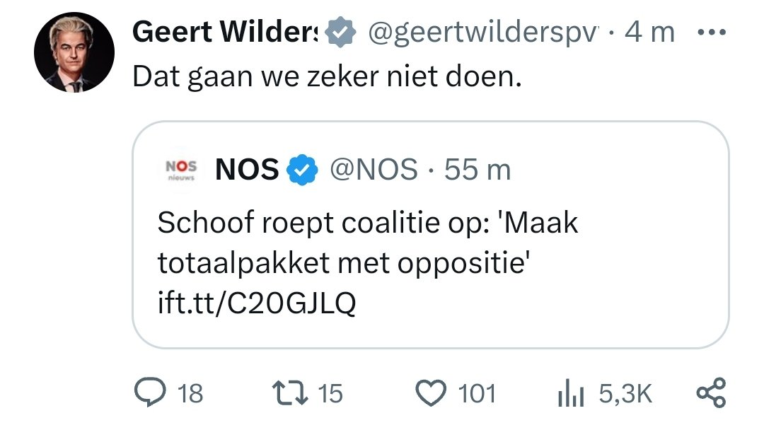 Geert heeft zijn eerste boze tweet wat aangepast. Van heel kort door de bocht naar een beetje kort door de bocht. 

Heerlijk stabiel deze regering.