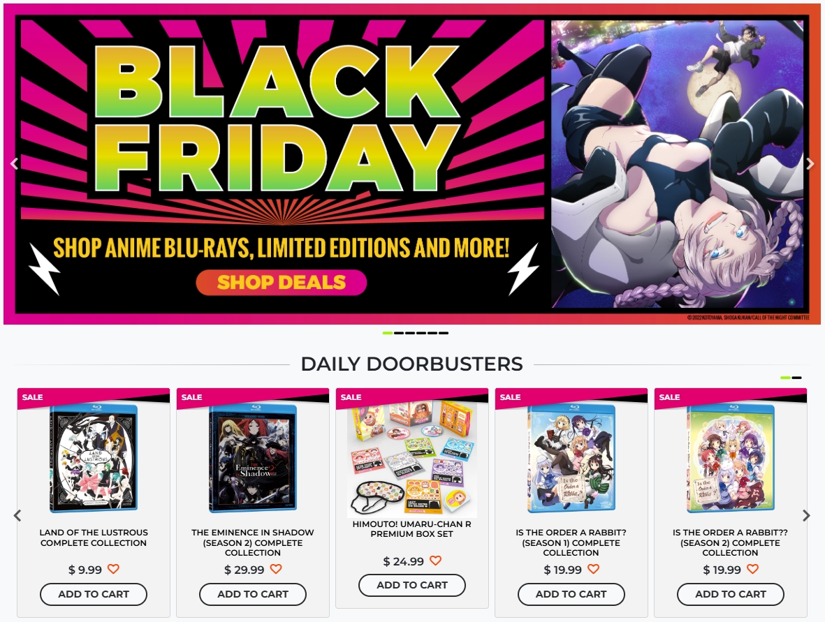 WTK's tweet photo. FYI, Sentai Filmworks has now added Daily Doorbusters to its Black Friday Sale
- Himouto! Umaru-Chan R BD LE: $24.99
- Is the Order a Rabbit? S1 to S3 BDs: $19.99 each
- Land of the Lustrous: $9.99
- The Eminence in Shadow S2 BD: $29.99
https://t.co/489zwrou8h https://t.co/3xEJtWfnxm