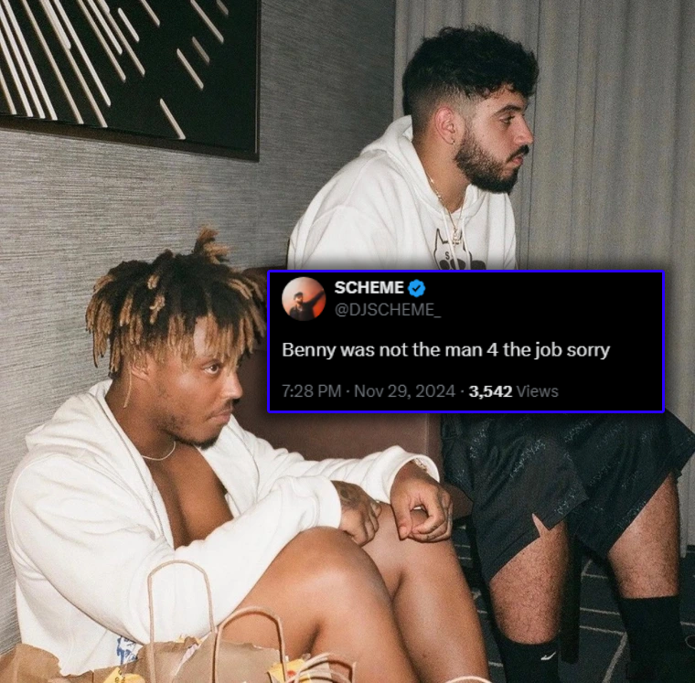 RileyTaugor's tweet photo. DJ SCHEME speaks on Juice's "The Party Never Ends"

"Benny was not the man 4 the job sorry" https://t.co/5qqow3MVgI
