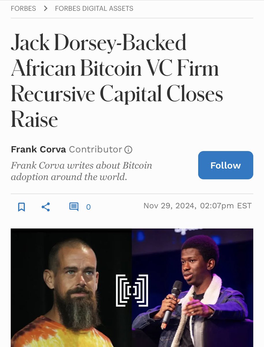 frankcorva's tweet image. #Africa-based #Bitcoin VC firm Recursive Capital (@RcrsvCapital), headed by Abubakar Nur Khalil (@ihate1999), announces first close of Fund I raise.

Investors include @jack and @JeffBooth.

More in my latest for @ForbesCrypto.

(Link to article in replies.)