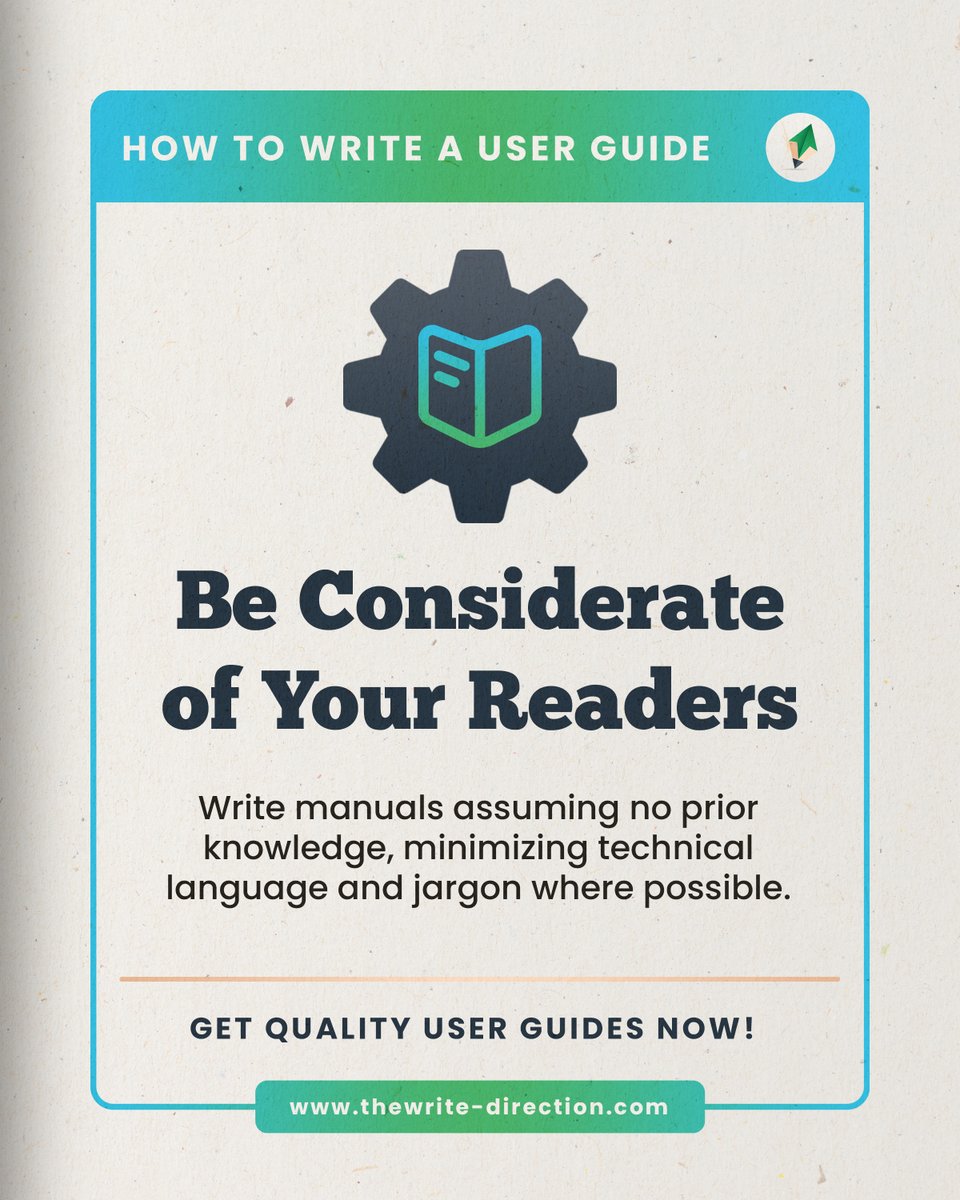WriteDirection7's tweet image. By minimizing technical jargon and focusing on your readers&apos; needs, you can ensure that your guide is easy to understand and use. 💡⚙️

📞 Book a Call :  calendly.com/info-twd/30min…

#TheWriteDirection #UserGuides #UserManuals #TechWriting #WritingTips