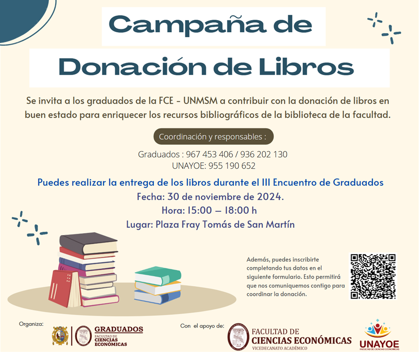 GraduadosEconSM's tweet photo. CAMPAÑA DE DONACIÓN DE LIBROS 2024

Puedes traer tus libros al III Encuentro de Graduados.
📅 Fecha: Sábado 30/11
🕒 Hora: 3-6 pm
📌 Lugar: Plaza Fray Tomás de San Martín, Ciudad Universitaria
📱 Responsables: 967453406 / 936202130

Libros prioritarios: https://t.co/cCMG9zdDXV https://t.co/3d4SokxyoJ
