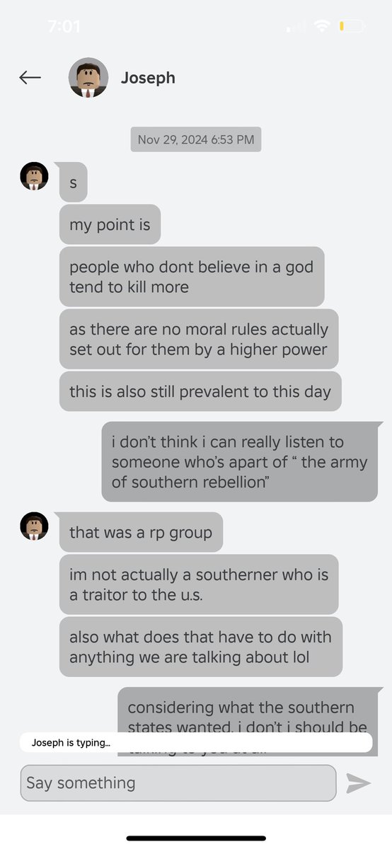 LonnieRipsom's tweet photo. i just had a conversation on roblox with a guy that was debating me on religion or whatever. that conversation was cut short when i noticed that he was in a group where they pretend to be apart of the southern side of the civil war.. #MAGA #Nazi https://t.co/OOhJ3wyze4
