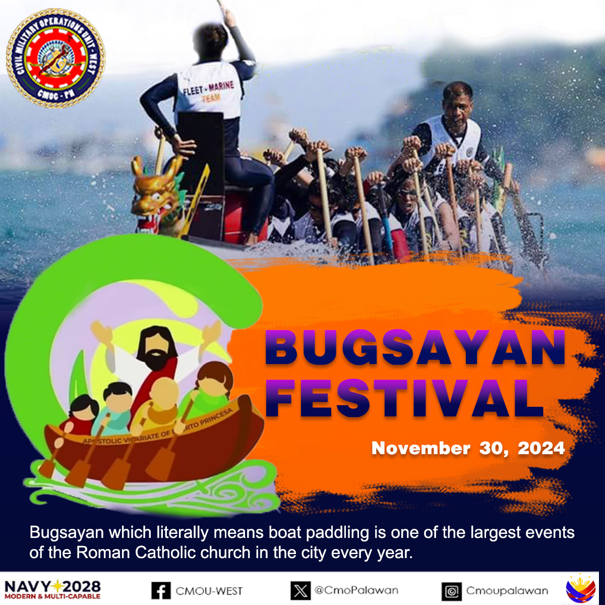𝗧𝗵𝗲 𝗖𝗶𝘃𝗶𝗹 𝗠𝗶𝗹𝗶𝘁𝗮𝗿𝘆 𝗢𝗽𝗲𝗿𝗮𝘁𝗶𝗼𝗻𝘀 𝗨𝗻𝗶𝘁-𝗪𝗲𝘀𝘁 𝗷𝗼𝗶𝗻𝘀 𝗶𝗻 𝘁𝗵𝗲 𝗰𝗲𝗹𝗲𝗯𝗿𝗮𝘁𝗶𝗼𝗻 𝗼𝗳  𝗕𝘂𝗴𝘀𝗮𝘆𝗮𝗻 𝗙𝗲𝘀𝘁𝗶𝘃𝗮𝗹 𝟮𝟬𝟮𝟰.
#StrongAFPStrongPhilippines
#ModernandMultiCapablePHNavy
#cmouwest
#ProtectingtheSeasSecuringOurFuture
#CMOGPN