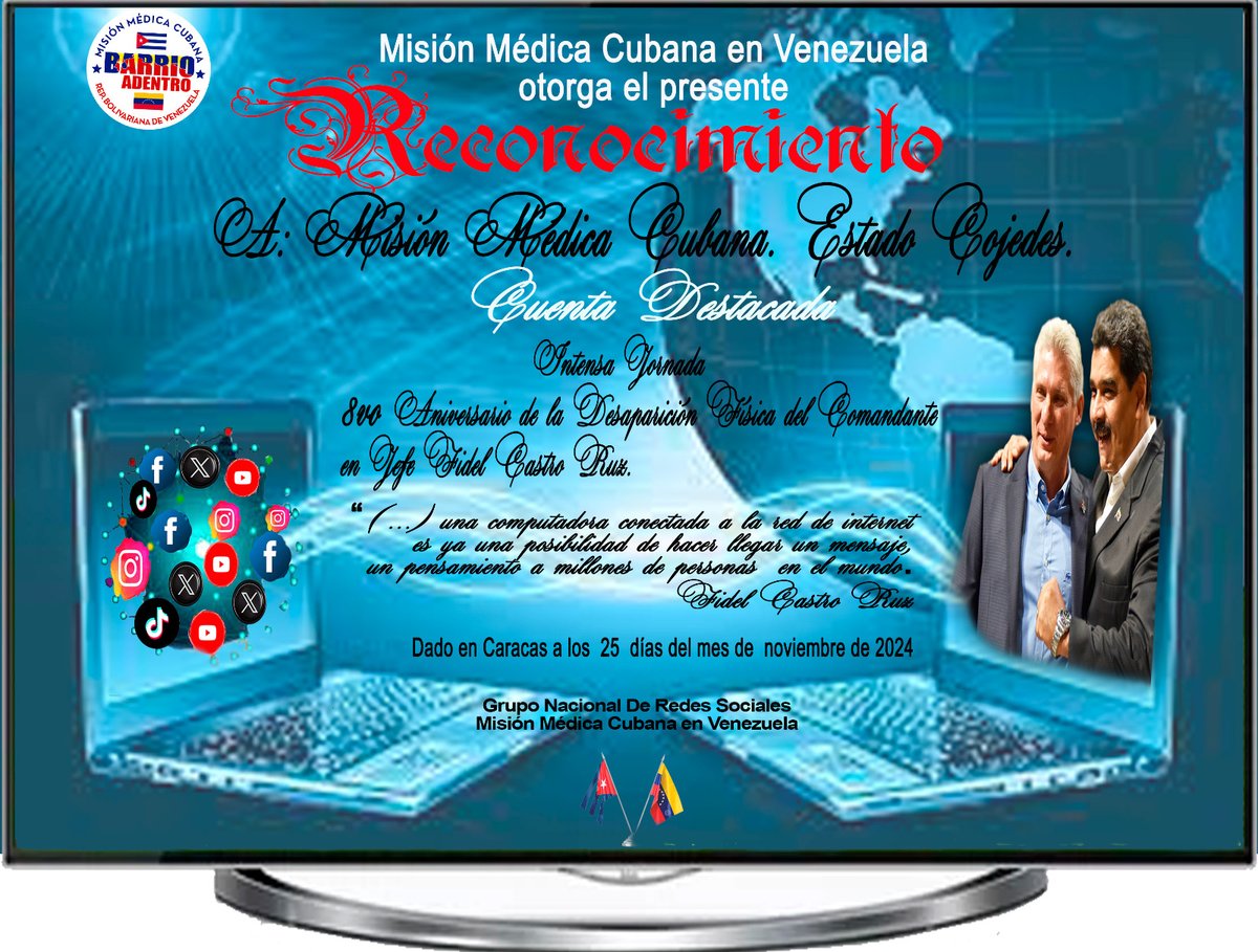 El Grupo Nacional de Redes Sociales otorga el siguiente reconocimiento a las cuentas que resultaron destacadas durante la intensa jornada dedicada al 8vo aniversario de la desaparición física de Fidel Castro.#FidelPorSiempre