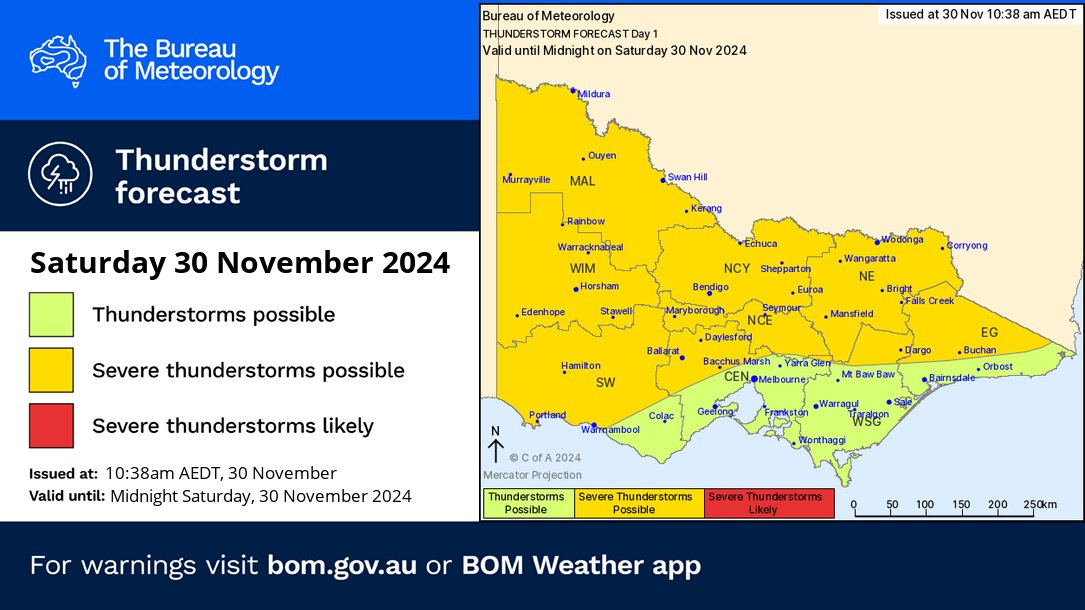 ⛈️Thunderstorm FORECAST for TODAY: Thunderstorms possible across #Victoria, more likely in north and west. Severe thunderstorms are possible with risk of HEAVY RAINFALL in most areas, also damaging winds and large hail in the northwest. Warnings as needed bom.gov.au/vic/warnings