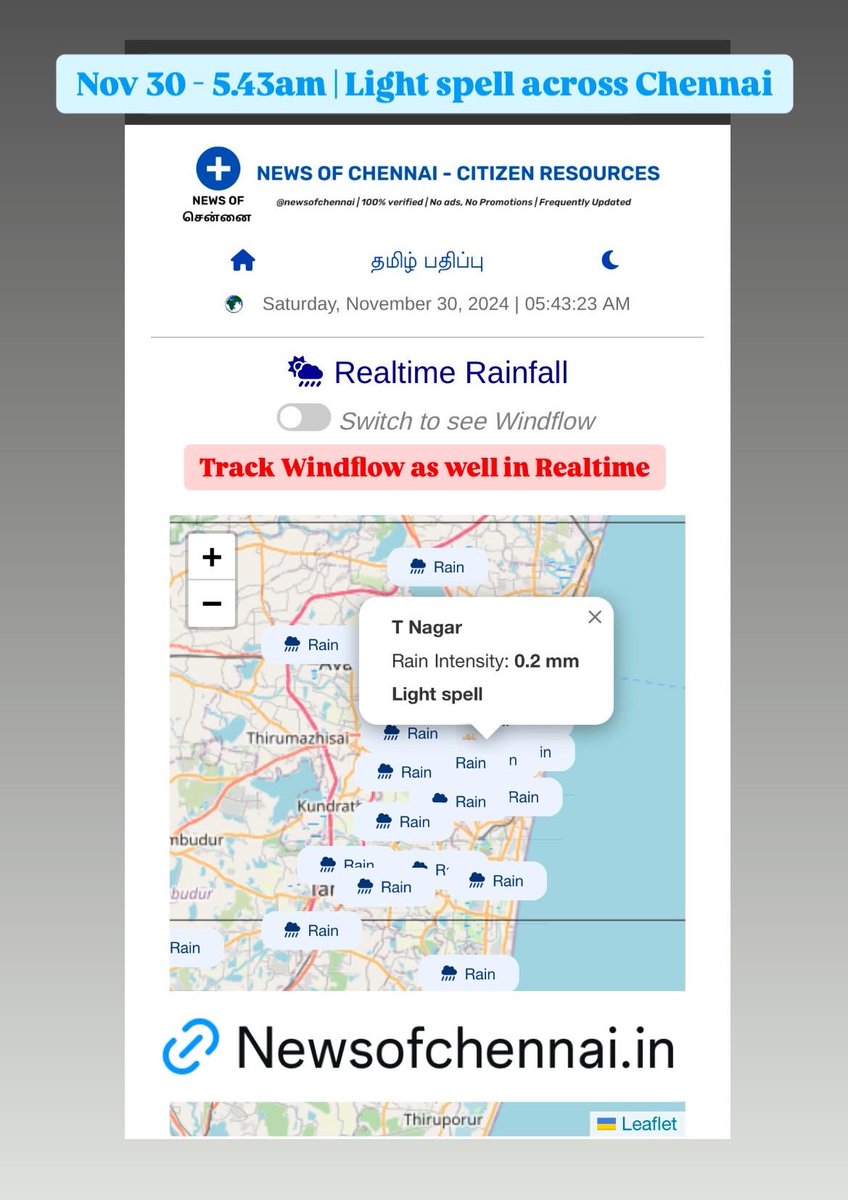 Along with Rainfall 🌧️ Windspeed 💨 can also now be tracked for Chennai (24+ areas) in realtime with News of Chennai citizen website 

Screenshot - Nov 30 - 5.45am - Light spell in most areas

#NewsofChennai #Chennai #CycloneAlert #CycloneFengal #ChennaRains