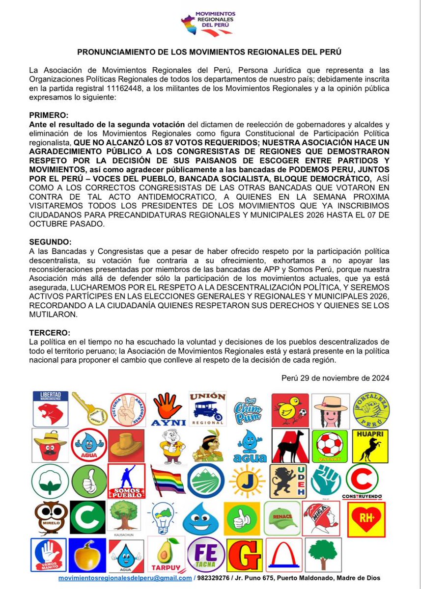 Asociación de Movimientos Regionales del Perú (@movregionales) on Twitter photo <a href="/MovRegionales/">Asociación de Movimientos Regionales del Perú</a> seguiremos defendiendo la presencia de la Libertad de Participación Política Regionalista en la Constitución. Seremos los informantes de quienes respetaron o mutilaron derechos regionalistas!
<a href="/RPPNoticias/">RPP Noticias</a> <a href="/exitosape/">Exitosa Noticias</a> <a href="/ensustrece/">Semanario Hildebrandt en sus trece</a> <a href="/Latina_Noticias/">Latina Noticias</a> <a href="/larepublica_pe/">La República</a> <a href="/MovRegionales/">Asociación de Movimientos Regionales del Perú</a> seguiremos defendiendo la presencia de la Libertad de Participación Política Regionalista en la Constitución. Seremos los informantes de quienes respetaron o mutilaron derechos regionalistas!
<a href="/RPPNoticias/">RPP Noticias</a> <a href="/exitosape/">Exitosa Noticias</a> <a href="/ensustrece/">Semanario Hildebrandt en sus trece</a> <a href="/Latina_Noticias/">Latina Noticias</a> <a href="/larepublica_pe/">La República</a>