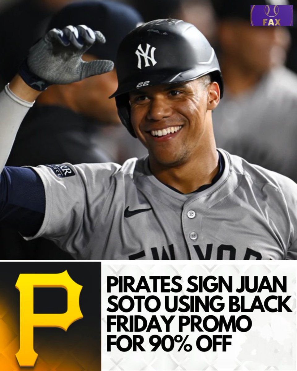 🚨 BREAKING NEWS 🚨

The Pirates and Juan Soto are in agreement on a deal, multiple sources tell Fax Sports.

Pittsburgh outbid the Mest with a Black Friday coupon for 12 years and $80M with a club option for year 13.

"It was always Pittsburgh," Soto told reporters.