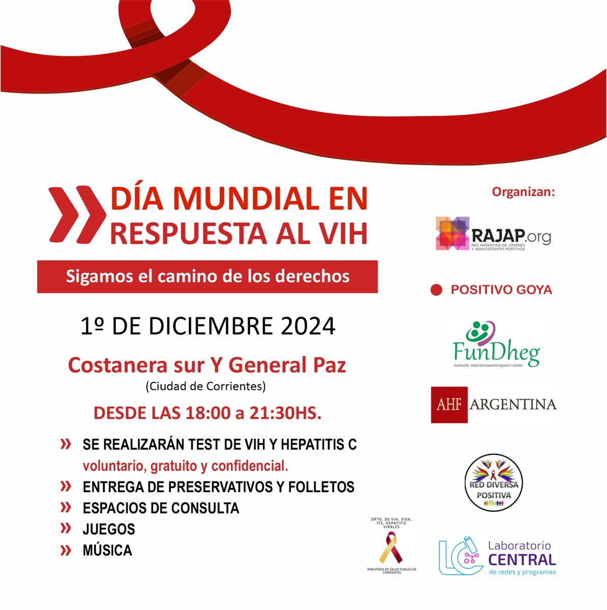 fundheg's tweet photo. 🌍 Día Mundial en Respuesta al VIH
📅 1° de diciembre 2024
📍 Costanera Sur y General Paz, Ciudad de Corrientes
🕕 De 18:00 a 21:30 hs.

Te invitamos a sumarte a esta jornada en la que seguimos el camino de los derechos. 💪🏽✨ https://t.co/1aKKtWNDbn