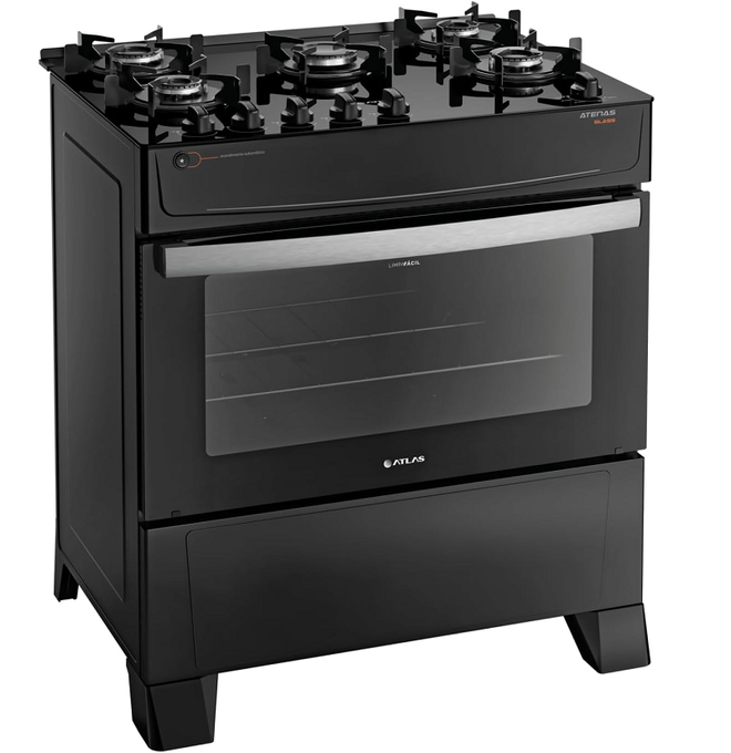 Fogão Atlas 5 Bocas preto Atenas Glass com Acendimento automático – Bivolt