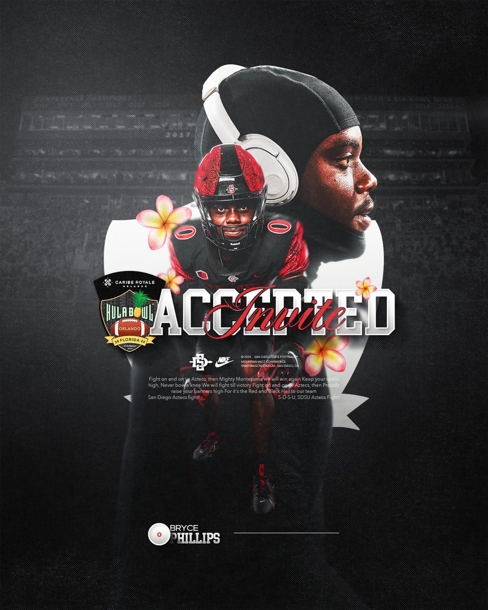 San Diego State Football (@aztecfb) on Twitter photo 𝐇𝐔𝐋𝐀 𝐁𝐎𝐖𝐋 𝐁𝐎𝐔𝐍𝐃
<a href="/brycephillipsbp/">Bryce Phillips</a> has accepted his invite to play in this year’s Hula Bowl! 👏 𝐇𝐔𝐋𝐀 𝐁𝐎𝐖𝐋 𝐁𝐎𝐔𝐍𝐃
<a href="/brycephillipsbp/">Bryce Phillips</a> has accepted his invite to play in this year’s Hula Bowl! 👏