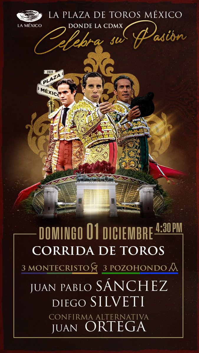 Aviso importante <a href="/LaPlazaMexico/">La Plaza Mexico</a> 
Se informa de un ajuste en la ganadería para la corrida anunciada este 1 de Diciembre.
Quedando el cartel de la siguiente manera: <a href="/Matadorjps/">Juan Pablo Sanchez</a> 
<a href="/DiegoSilveti/">Diego Silveti</a> 
Juan Ortega <a href="/juanortegapr/">Juan Ortega</a> (Confirma Alternativa)
3 Montecristo 3 PozoHondo 

<a href="/eDeRsOTe/">Eder</a>
