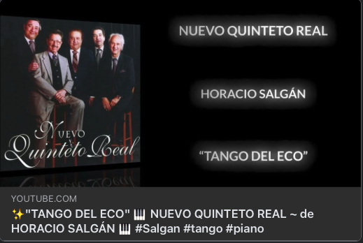 🎶✨ Disfruten de esta experiencia musical con el "TANGO DEL ECO" 🎹 interpretado por el NUEVO QUINTETO REAL escrito por HORACIO SALGÁN 🎵

Un Gran Abrazo 🤗

Susana Salgán 😘

🔗 LINK:
youtu.be/W1XPGZqqUZk

#Tango #MusicaViva #NuevoQuintetoReal #HoracioSalgán #ArteMusical