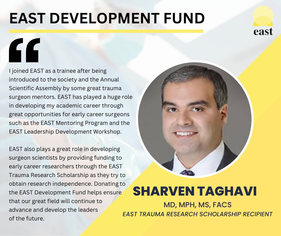 EAST (@east_trauma) on Twitter photo Traumatic injury is a public health challenge, but thanks to your generosity, we can support trauma leaders like <a href="/STaghaviMD/">Sharven Taghavi, MD, MPH, MS, FACS, FCCP</a> who are working to prevent injury and save lives. Donate to the EAST Development Fund & help support the future of trauma care: bit.ly/3KhHVsP Traumatic injury is a public health challenge, but thanks to your generosity, we can support trauma leaders like <a href="/STaghaviMD/">Sharven Taghavi, MD, MPH, MS, FACS, FCCP</a> who are working to prevent injury and save lives. Donate to the EAST Development Fund & help support the future of trauma care: bit.ly/3KhHVsP