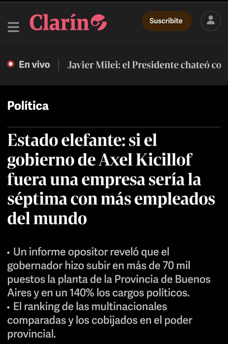 En otro derrape de la campaña para ensuciar y mentir sobre la Provincia de Buenos Aires, Clarín titula “si el gobierno de Axel Kicillof fuera una empresa sería la séptima con más empleados del mundo”. Y si mi abuela tuviera rueditas, sería una bicicleta. La verdad es que somos la