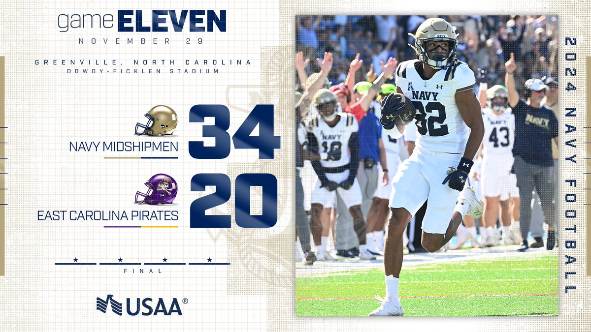 Navy 34 | East Carolina 20
Final
<a href="/USAA/">USAA</a> 

HUGE second half for the Mids, who outscored the Pirates 34-17 over the final 30 minutes.