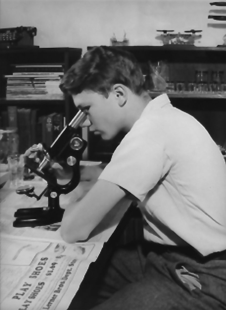 Photo: Teenage Joe Gall viewing specimens with his Bausch and Lomb microscope at home ∼1943. Susan Gerbi, Virginia Zakian, and Elizabeth Blackburn contribute an obituary in memory of Joseph Gall: cell biologist, naturalist, and mentor extraordinaire hubs.la/Q02Ym_Sk0