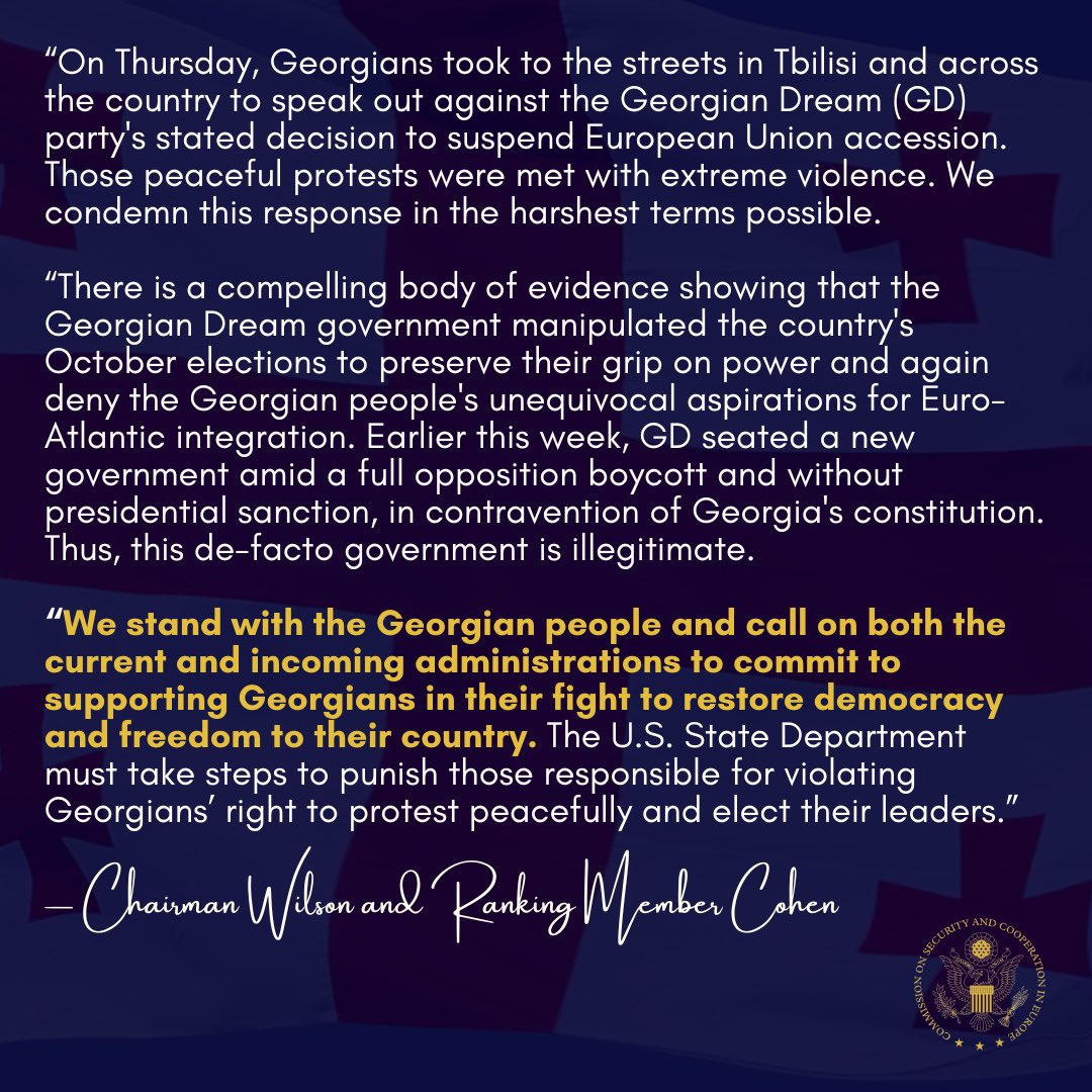 HelsinkiComm's tweet photo. 🇬🇪🇺🇸 Chairman @RepJoeWilson and Ranking Member @RepCohen stand with the Georgian people as they protest to save their democracy and European future. https://t.co/g3X5b8XoKO