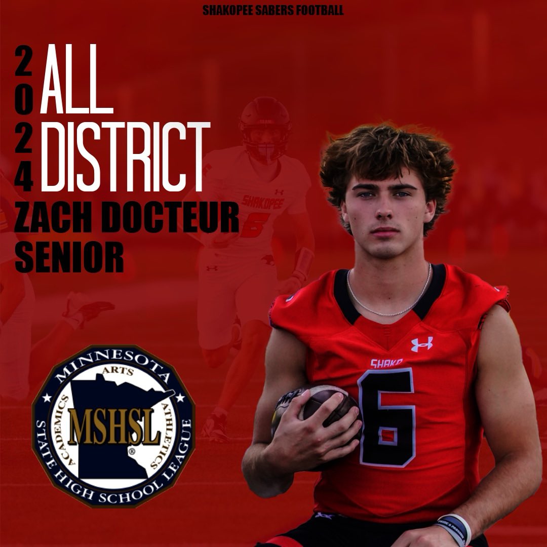 Shakopee Football (@saberfootball16) on Twitter photo Congrats to <a href="/DocteurZach/">Zach Docteur</a> on being named 2024 All-District West Metro - the toughest district in the state!
#SaberPride
#TEAM
#WhateverItTakes Congrats to <a href="/DocteurZach/">Zach Docteur</a> on being named 2024 All-District West Metro - the toughest district in the state!
#SaberPride
#TEAM
#WhateverItTakes