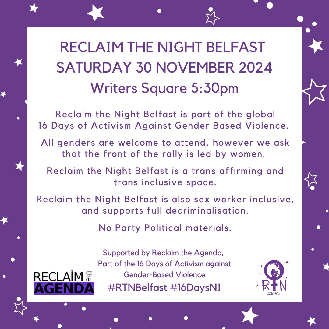 'Check out some of the placards from our workshop with Array Collective!
We can't wait to light up the streets with these, and have a few extra to hand out. We will also have sticks to attach your own placard to at a table in the square from 5pm.'
#RTNBelfast #16DaysNI