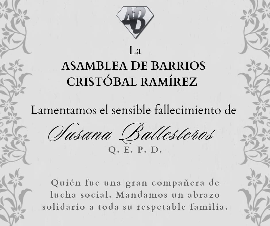 abpensil's tweet photo. Nos duele enterarnos de estas noticias.

Nuestra compañera de lucha social ahora emprende un nuevo viaje, aquí ha cumplido, nos deja gran legado y enseñanzas.

Un fraterno abrazo a su familia.

Hasta pronto Susy. https://t.co/PRt0xuVTz6