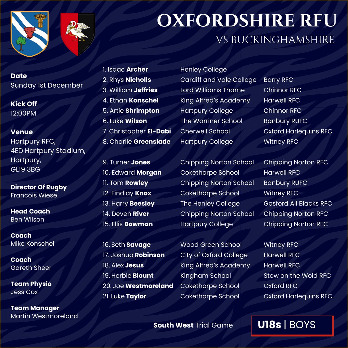 𝑻𝑬𝑨𝑴 𝑵𝑬𝑾𝑺

Our U18 Boys line up to take on Buckinghamshire this Sunday in a trial game for the South West squad. 

🆚 <a href="/BucksRFUNews/">BucksRFUNews</a> 
📅 Sunday 1st December
🕰️ 12:00pm
🏟️ <a href="/HartpuryRFC/">Hartpury RFC</a>, GL19 3BG

#Rugby #CountyRugby #RFU #CountyCup
#EnglandRugby
