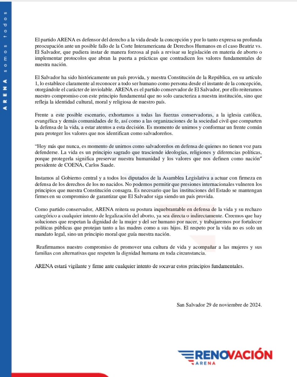 ARENAOFICIAL's tweet photo. ARENA como partido conservador de El Salvador se mantiene firme en su compromiso con la defensa de la vida, tal como lo establece nuestra Constitución. Ante el posible fallo de la Corte Interamericana de Derechos Humanos en el caso Beatriz vs. El Salvador, que podría instar cambios en nuestra legislación compartimos nuestra postura .

#RenovacionARENA