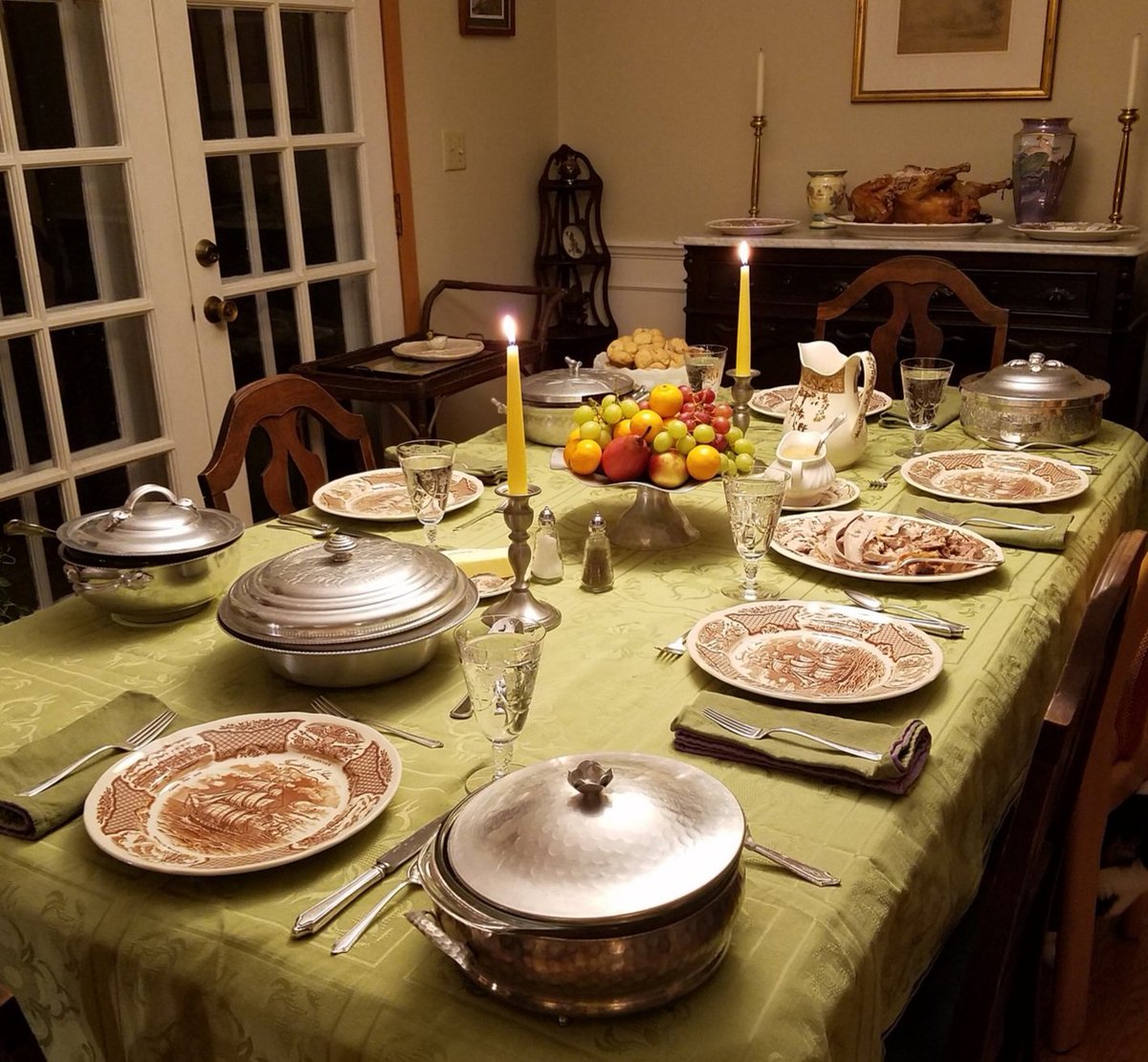 The neat thing about midcentury neocolonial-style china and hammered aluminum "pewter" serving dishes is that you can kind of pretend you're having Thanksgiving in Jane Austen's day. Happy Thanksgiving! Find me mostly at the other bluer place - <a href="/KimWilsonAuthor/">Kim Wilson</a>.