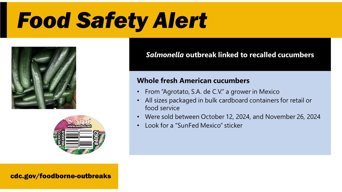 Salmonella Outbreak: 68 people are sick in 19 states, with 18 hospitalizations.

Check your home for recalled whole fresh American cucumbers. Do not eat recalled products and throw them away. 
bit.ly/4eNjGR6
