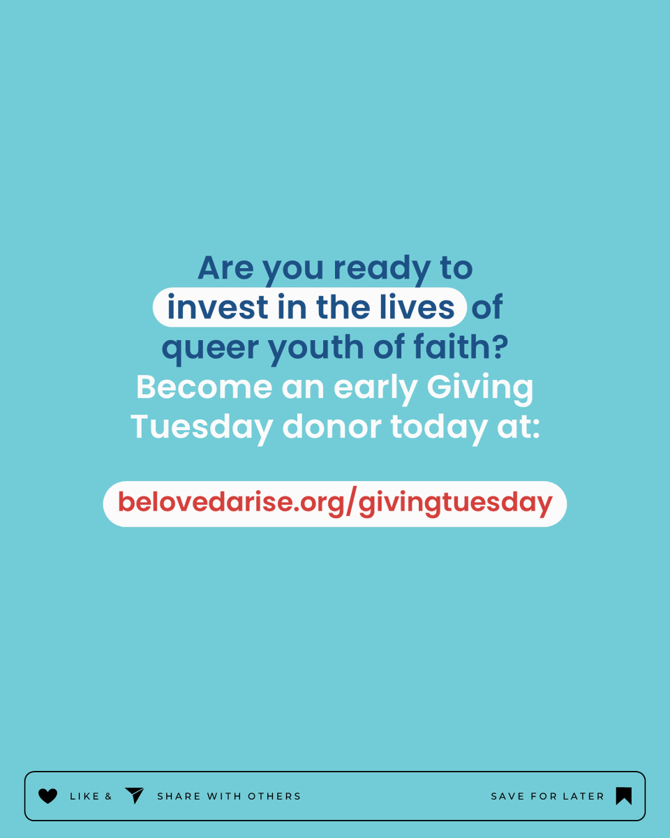 On December 3rd, Beloved Arise will participate in Giving Tuesday 2024, a national day of giving for non-profits across the country. 

If you're ready to invest in the lives of queer youth of faith, become an early Giving Tuesday donor today at: belovedarise.org/givingtuesday