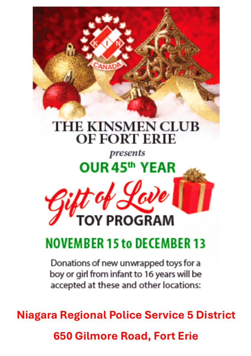 <a href="/5Nrps/">5DistrictNRPS</a> continue to work with community partners. The Kinsmen Club of Fort Erie #45th year #ToyDrive. 
Donations accepted <a href="/5Nrps/">5DistrictNRPS</a> located at 650 Gilmore road, Fort Erie. #FortErieYouth 🎅 🎁