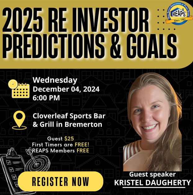 REAPSweb's tweet image. Dec 4th 6pm Bremerton at Cloverleaf Bar and Grill
Kristel Daugherty is talking, and she would love your opinions too, for predictions and the outlook for the next year......to plan and set your strategy and set your real estate investing goals!
Register at REAPSweb.com
