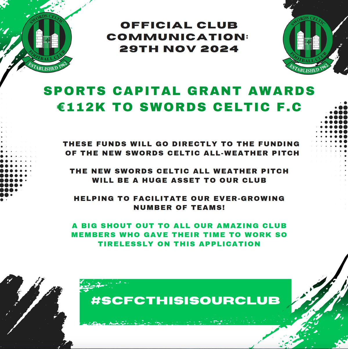 Swords Celtic will be using our recent Sports Capital Grant to put towards our new All Weather Pitch, which will be a huge asset to our club.

Thank you to all of our members who are working hard to make this happen 👏🏻 

🟢⚫️⚽️🟢⚫️

#SwordsCelticFC
#SCFCThisIsOurClub