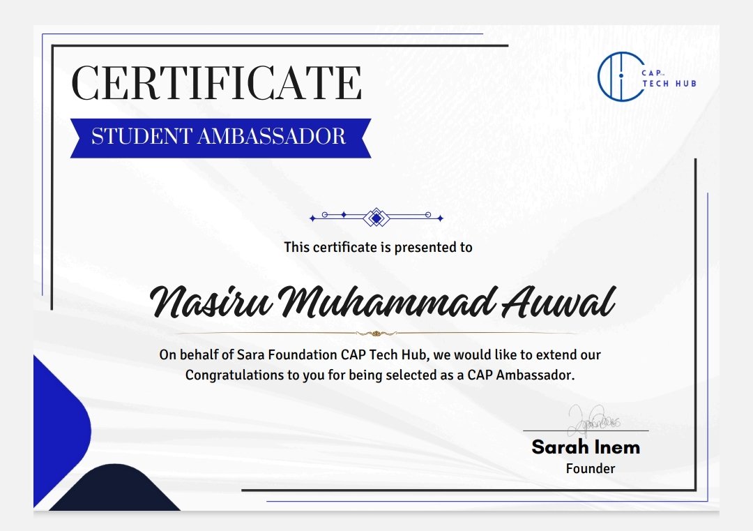 Tech_Guy00's tweet image. Thrilled to announce my certification as a Student Ambassador for CAP TECH HUB by @Sarafoundations

@Sarafoundations, a UK-based NGO, is dedicated to empowering students and individuals to harness opportunities in today&apos;s modern world.

Grateful for this opportunity!
#CAPTech