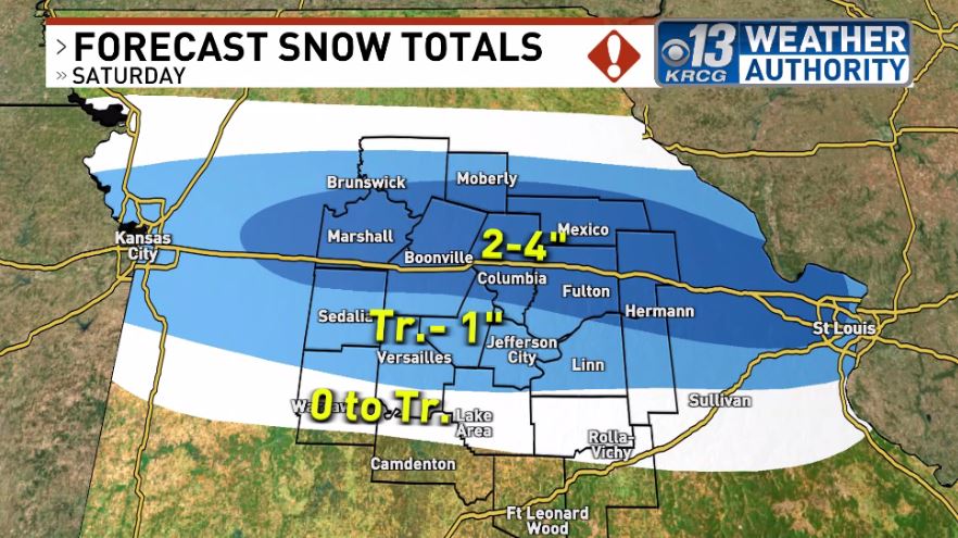 A band of snow will move across mid-MO Saturday with areas close to or north of I-70 seeing  an inch or more of snowfall with much lower amounts farther south. Most snow will fall in the morning but could linger into afternoon in eastern Missouri.