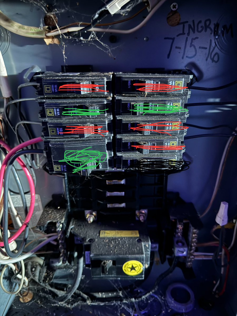 Question for electrical twitter… 
My son overloaded a circuit on our panel this weekend and the breakers never tripped but we lost power to most of a shed. 
Green = working 
Red = dead 
Black = not hooked in. 

Any ideas?