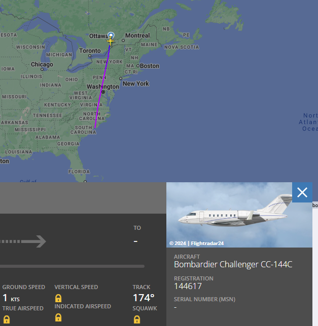 stevenchase's tweet image. Canforce 01 often tasked with carrying the Prime Minister is currently over South Carolina on a path that could intersect with Florida. 
Prime Minister's Office so far not answered questions about who is on plane.