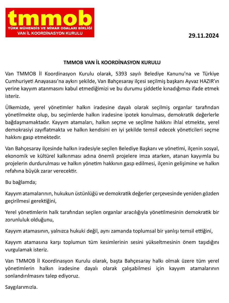 Meslektaşımız İnşaat mühendisi Ayvaz HAZIR'ın yerine hukuksuzca kayyım atanmasını kabul etmiyoruz! Derhal kayyım uygulamalarından vazgeçilmelidir. 
#kayyımHalkİradesineDarbedir